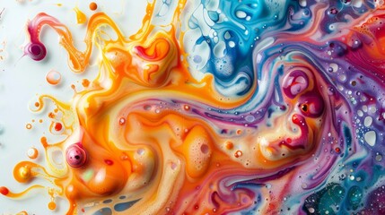 A close-up photograph showcasing a vibrant and intricate swirl pattern created by colorful foams on a soft white surface