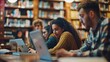 © Elmira - A group of college students are focused on their studies in a library, surrounded by books and laptops