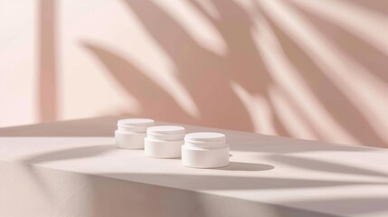 Wall Mural - three white cosmetic jars are arranged symmetrically on a soft pastel-colored background. the jars a