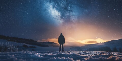 Silhouette of a hiker standing under starry night, Milky Way above snowy desert valley.