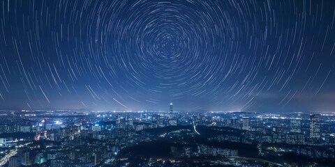 The starry night sky rotates above a glowing city skyline, a celestial dance captured.