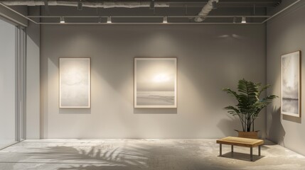 Wall Mural - a commercial photography mockup of a poster on a gallery wall with soft lighting and minimalist deco