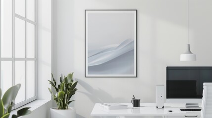 Wall Mural - a modern office interior featuring a minimalist poster mockup on a white wall, a desk with a compute