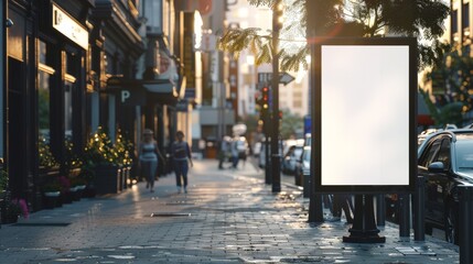 Wall Mural - a blank poster mockup on a brick wall in a bustling city street with copy space. perfect for showcas