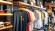© Elmira - A wide shot of a retail store display rack featuring various T-shirt designs. A blue T-shirt with a graphic print is prominently displayed
