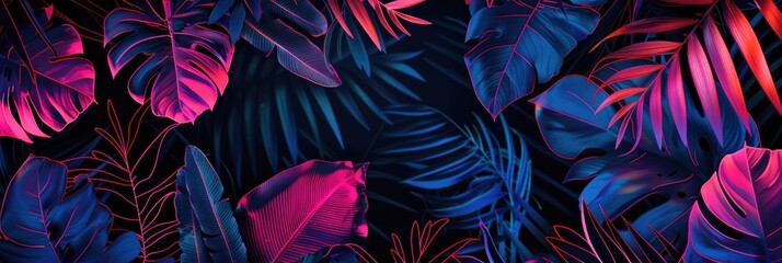 Wall Mural - Tropical palm leaves and large flowers in neon light. Exotic fashionable background. A place for the text.