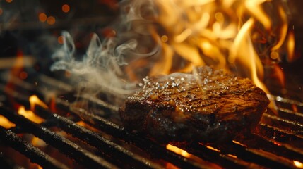 Wall Mural - Close-up of a steak being cooked on a hot grill, with flames licking the meat and adding a smoky flavor.
