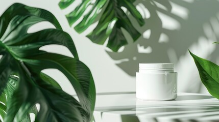 Wall Mural - Stylish product presentation with white cream jar on white table with green tropical leaves