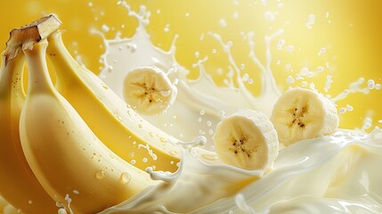 Wall Mural - Flying banana in splashes of milk
