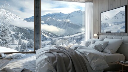 Wall Mural - A luxurious bedroom with a view of a snowy pine forest and mountains