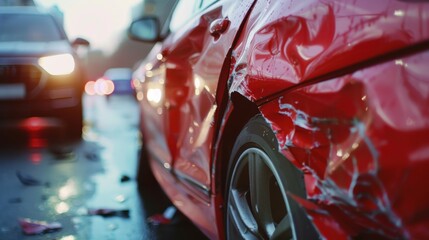 Red car accident with two cars in traffic, close-up of the front or rear right corner with damaged and scratched fender