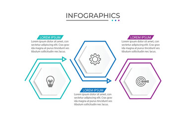 Business infographic design with 3 options. Vector thin line label with hexagons template.