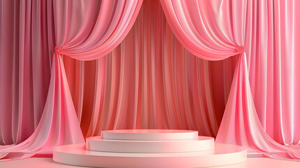 Poster - A pink podium stage with elegant curtains for showcasing products effectively. Concept Product Display, Pink Podium, Elegant Curtains, Showcase, Effective Presentation