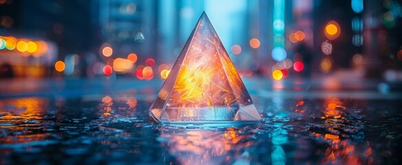 Wall Mural - A glowing crystal pyramid amidst a city’s night lights, reflecting on a wet surface, creating a mystical ambiance.