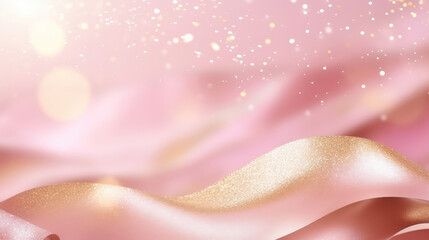 Wall Mural - Abstract luxury swirling soft pink background with gold particle. Golden light shine particles bokeh on soft pink background. Gold foil texture. Holiday concept., generative ai