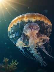 Wall Mural - Jellyfish are floating in the deep sea.  see thru clear exotic fish in vibrant blue expanse of water ocean sea with sunlight filtering