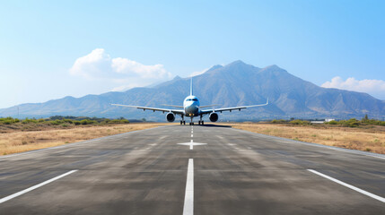 View of the runway of the airport, and a take off passenger aircraft against background the mountain system in clear weather, generative ai