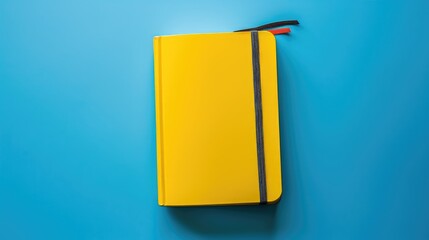 Sticker - Closed yellow notebook on blue background with space Minimalist concept of diary for back to school