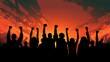© Fang - Arms raised in protest. Group of protestors fists raised up in the air., generative ai