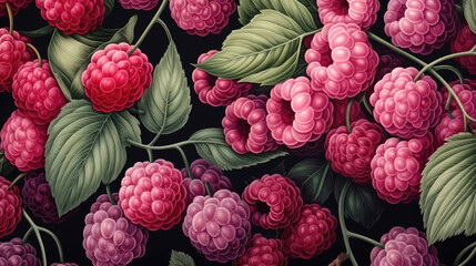 Wall Mural - Seamless raspberry pattern with summer berries, fruits, leaves. Vintage botanical 3d illustration for printing fabric, wrapping paper, packaging., generative ai