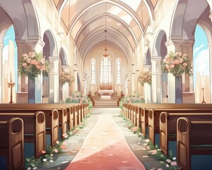 wedding ceremony in chapel background flat design top view romantic theme cartoon drawing colored pastel