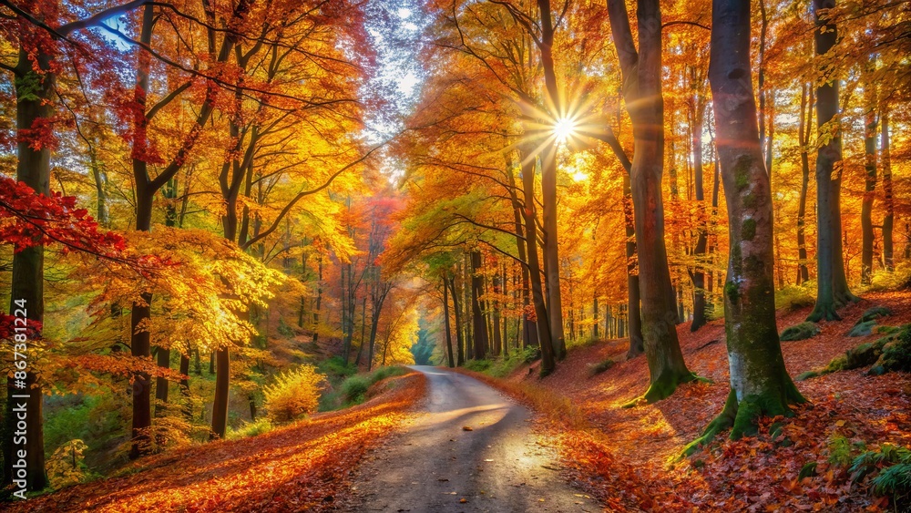 Rustling Forest Vibrant autumn foliage surrounds a winding forest path, illuminated by ...