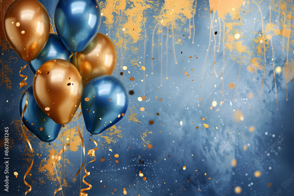 Holiday background with golden and blue metallic balloons, confetti and ...
