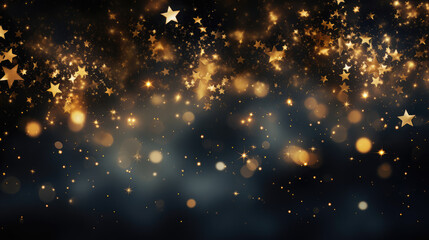 Wall Mural - Abstract background with gold glowing stars and particle. New year, Christmas background with gold stars and sparkling. Gold foil texture,, generative ai
