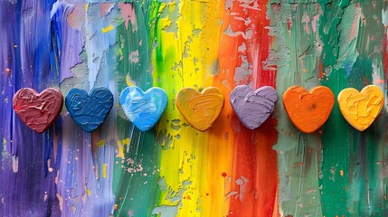 Colorful Wooden Hearts on Rainbow Painted Background