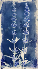 Wall Mural - Photosensitive sun printing photo or cyanotype of lavender. Watercolour illustration. Herbarium concept. Generative AI