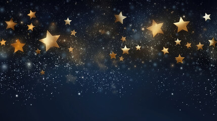 Wall Mural - Abstract background with Dark blue and gold glowing stars and particle. New year, Christmas background with gold stars and sparkling. Gold foil texture, generative ai