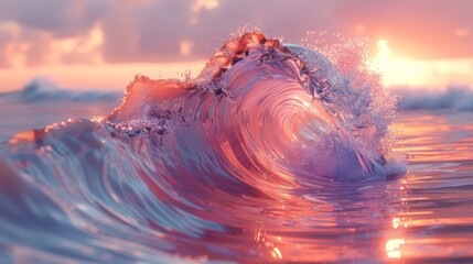 Sticker - Powerful ocean wave breaks at sunset, reflecting pink and purple hues, creating a vibrant seascape perfect for summer vacations. The energy and motion add drama to the serene beach landscape