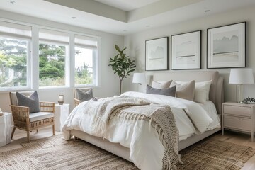 Wall Mural - minimalist scandinavian bedroom clean lines neutral color palette with pops of muted pastels natural light floods through large windows highlighting cozy textures and simple functional furniture