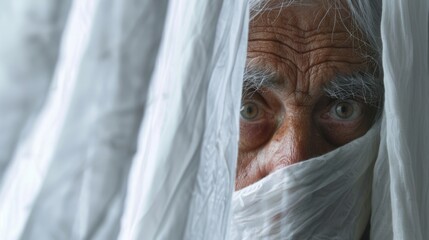 Wall Mural - An elderly man looks out from behind a white curtain.