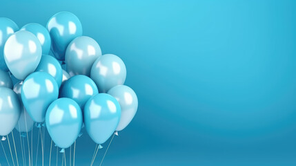 Wall Mural - Bunch of bright glossy balloons on blue background, space for text. anniversary, birthday background. Banner design., generative ai