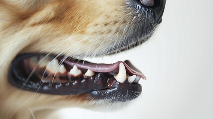 Wall Mural - Close up view of a dog s teeth and mouth against a white backdrop