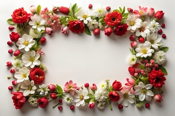 Wall Mural - A frame made of red and white flowers on a white background