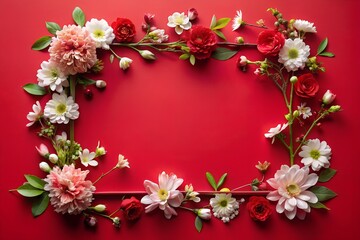 Wall Mural - A frame made of red and white flowers on a red background
