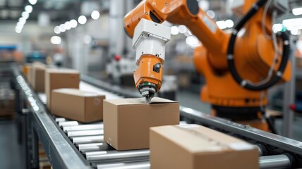 Robotic Arm Picking Up Cardboard Box On Conveyor Belt In Factory