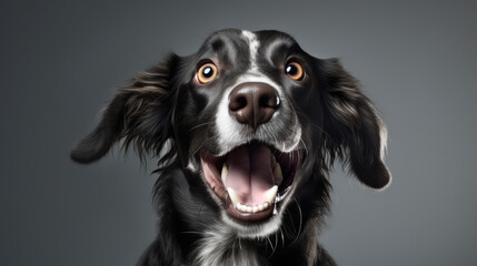 Funny dog. Cute happy playful dog or pet isolated on gray background. Cute, happy, crazy dog headshot smiling on gray background with copy space., generative ai