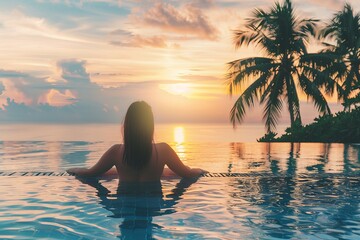 Poster - A woman is seen from behind, relaxing in an infinity pool overlooking a sunset with palm trees