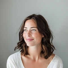 Wall Mural - A young woman with short wavy hair smiling gently, looking away from the camera. The background is plain grey, providing copy space.