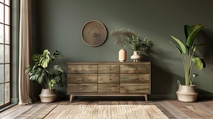 Wall Mural - Wooden Dresser with Green Wall, Plants, and Woven Accents in a Modern Boho Living Room