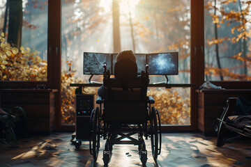 AI generated photo of a young lonely disabled person on wheelchair