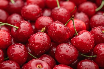 Wall Mural - Fresh Cherry Clusters with Water Droplets