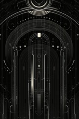 Wall Mural - A detailed black and white cyberpunk concept with intricate circuit designs, evoking a sense of technology and futurism