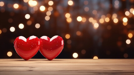 Wall Mural - Valentine's Day. pair of red hearts. Realistic 3d design, two red hearts on wooden table with bokeh background. Romantic background, creative banner, web poster., generative ai