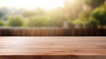 Empty wooden table top for product display with blurred bathroom interior background, generative ai