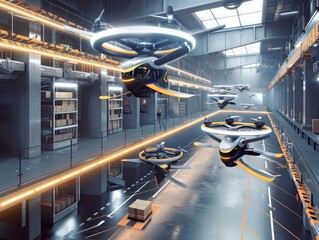 Wall Mural - A futuristic warehouse with autonomous drones transporting packages along designated flight paths