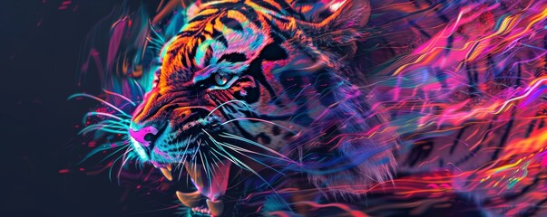 Colorful portrait of a roaring tiger combined with abstract vibrant colors, perfect for designs related to wildlife, nature, and power